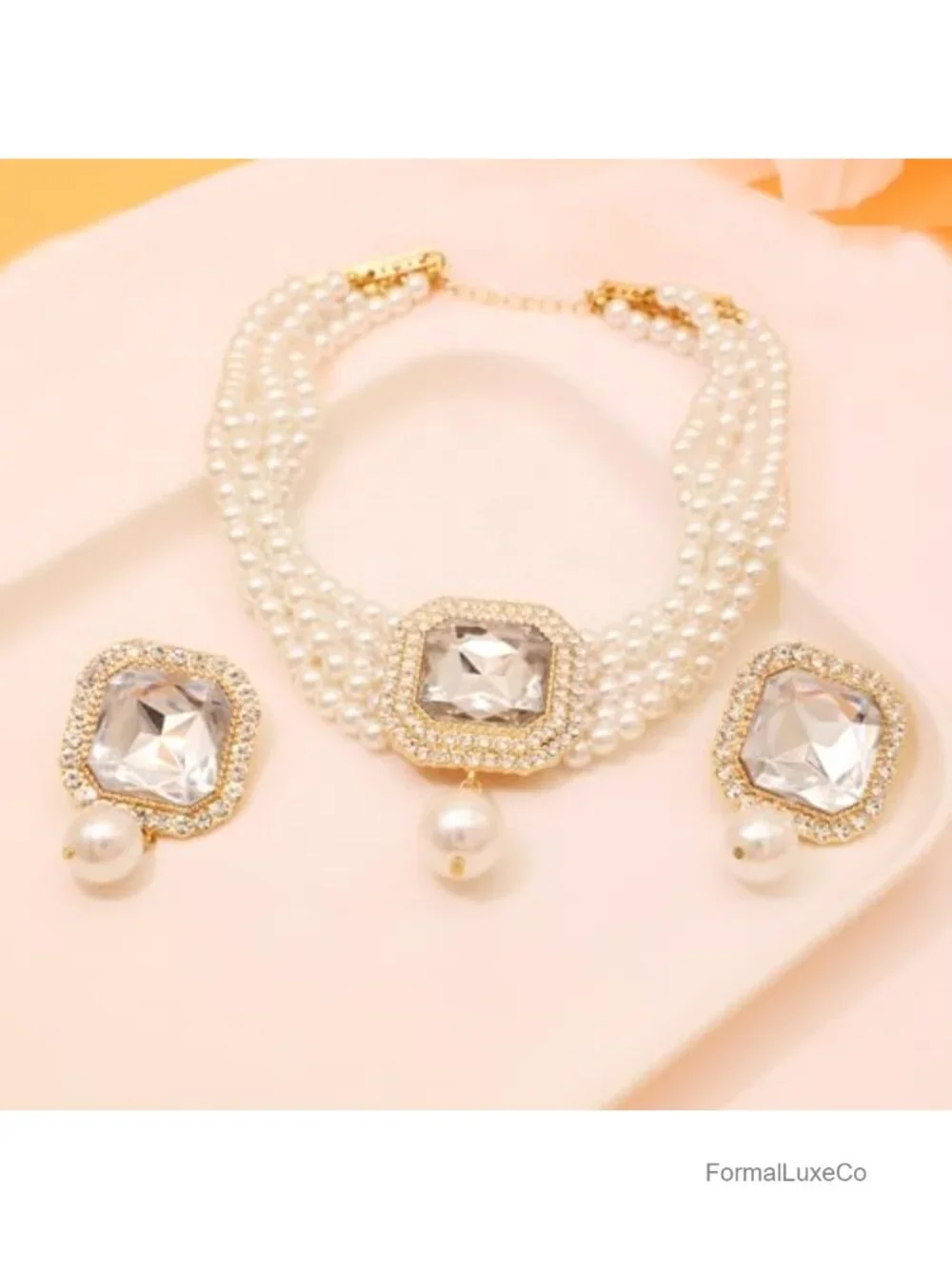 Pearl Choker Necklace & Earrings Set Bridal Rhinestone